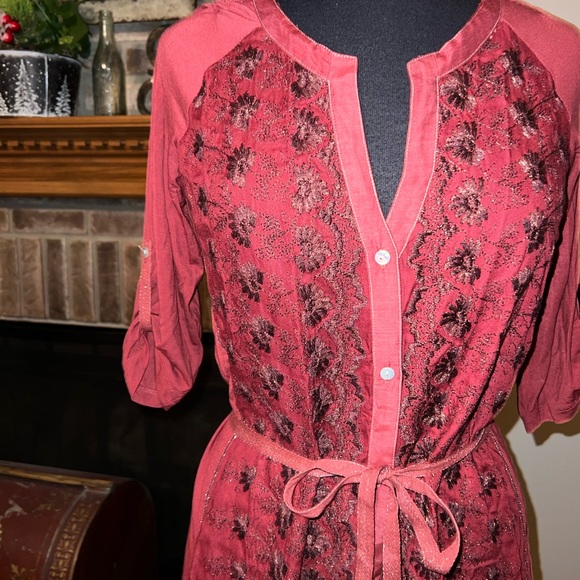 Anthropologie Tiny Red Embroidered Front Tie Waist Dress S - Picture 2 of 4